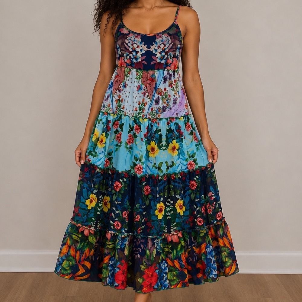 Desigual Floral Patchwork Tiered Mesh Maxi Dress Multi Color S resort boho fairy